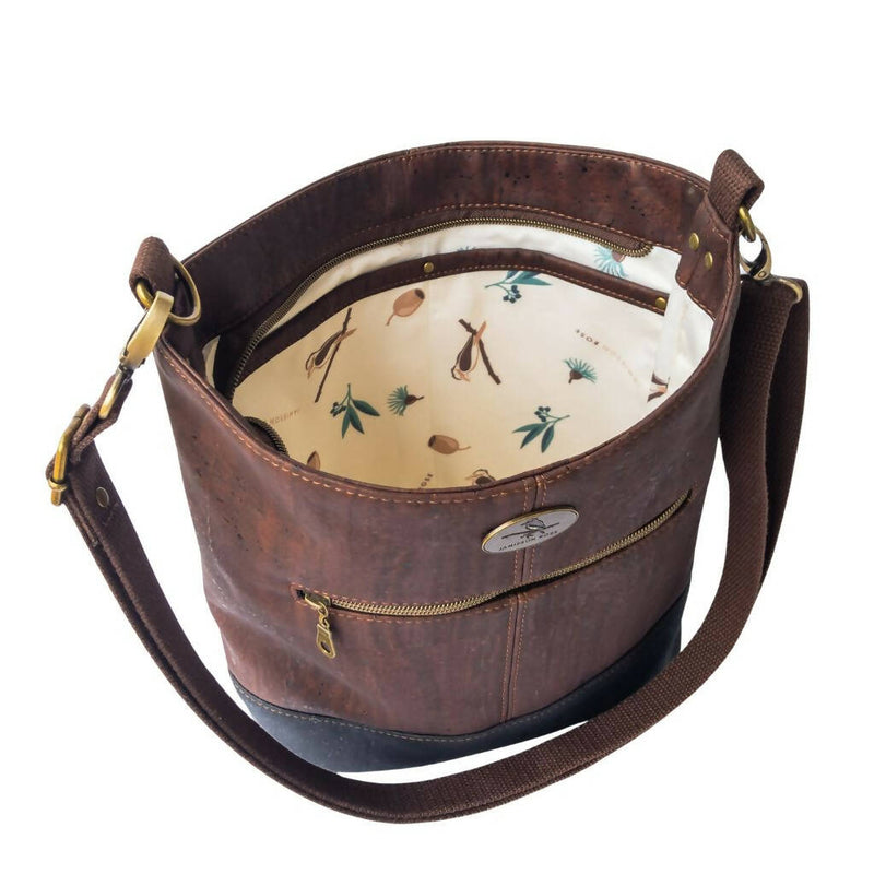 Eureka Bucket Bag - Handmade from Cork - Hibiscus Print with Navy Contrast