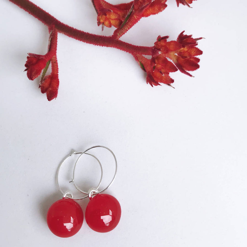 Red Fused Glass Hoop Earrings