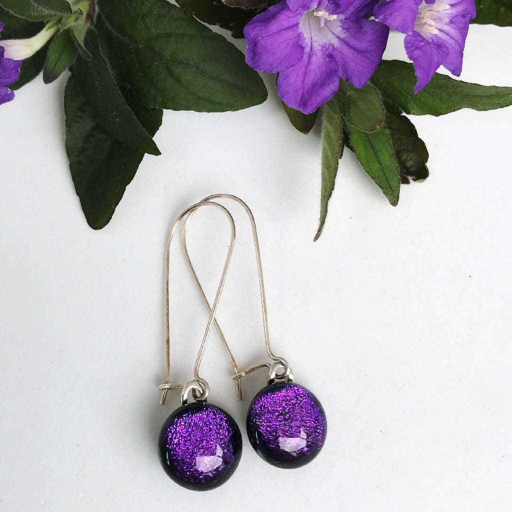 Purple Sparkle Fused Glass Long Dangle Earrings