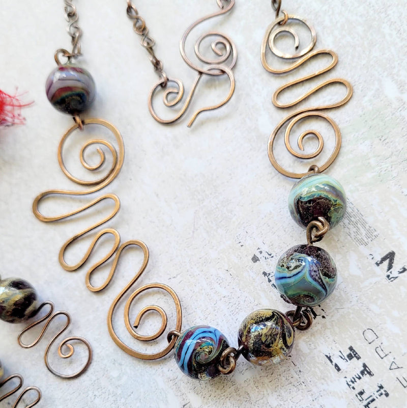 Funky Copper Necklace And Earring Set With Lampwork Glass Beads.