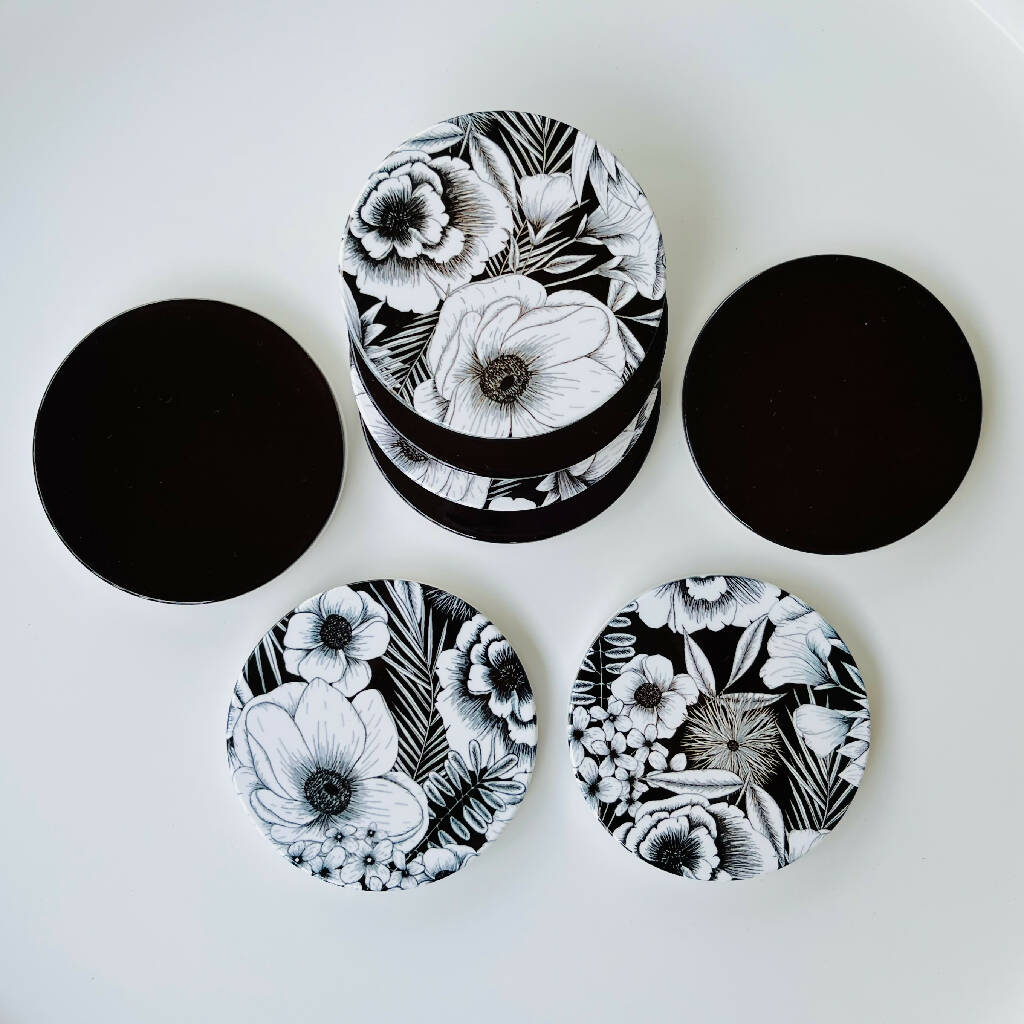 Black Botanical Ceramic Coasters
