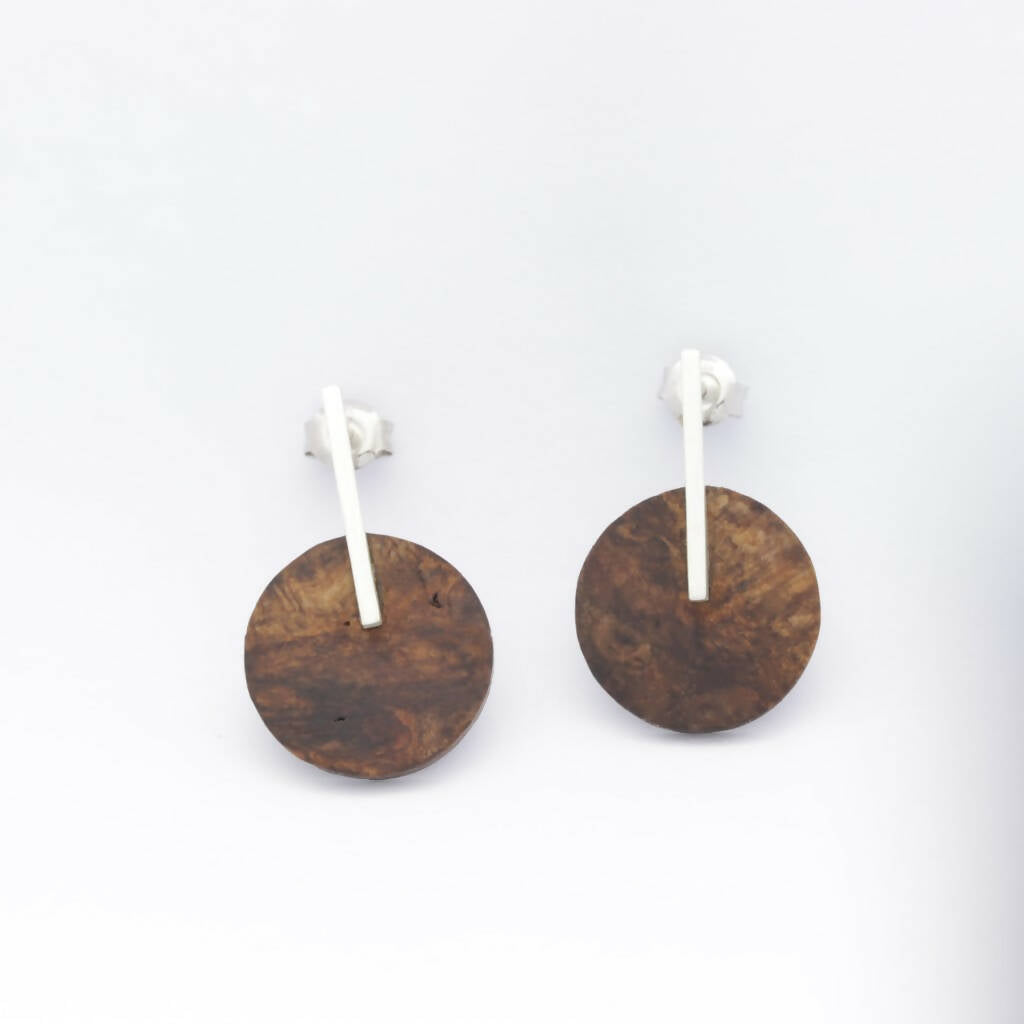 Sterling silver Bar Stud drop earring with Tasmanian Native wood circle disc