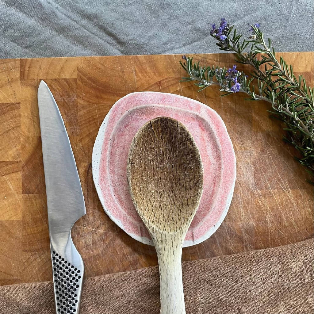 Handmade Ceramic Spoon Rest In Pink Speckled