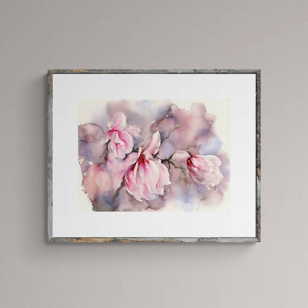 Pink magnolias , watercolour print, Watercolor flowers, Botanical print, Watercolour painting, floral art