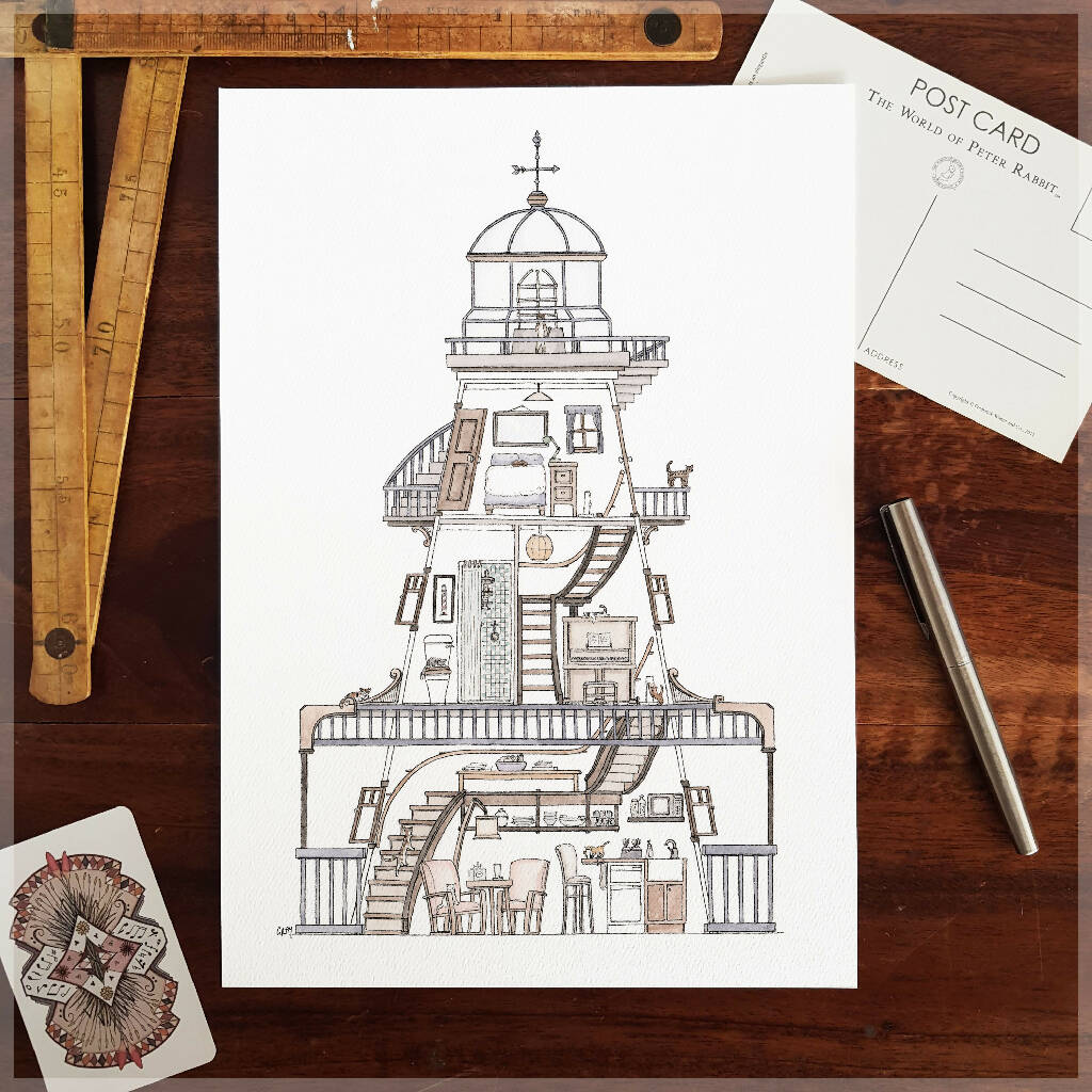 A4 Fine Art Print Lighthouse with 10 Hidden Cats