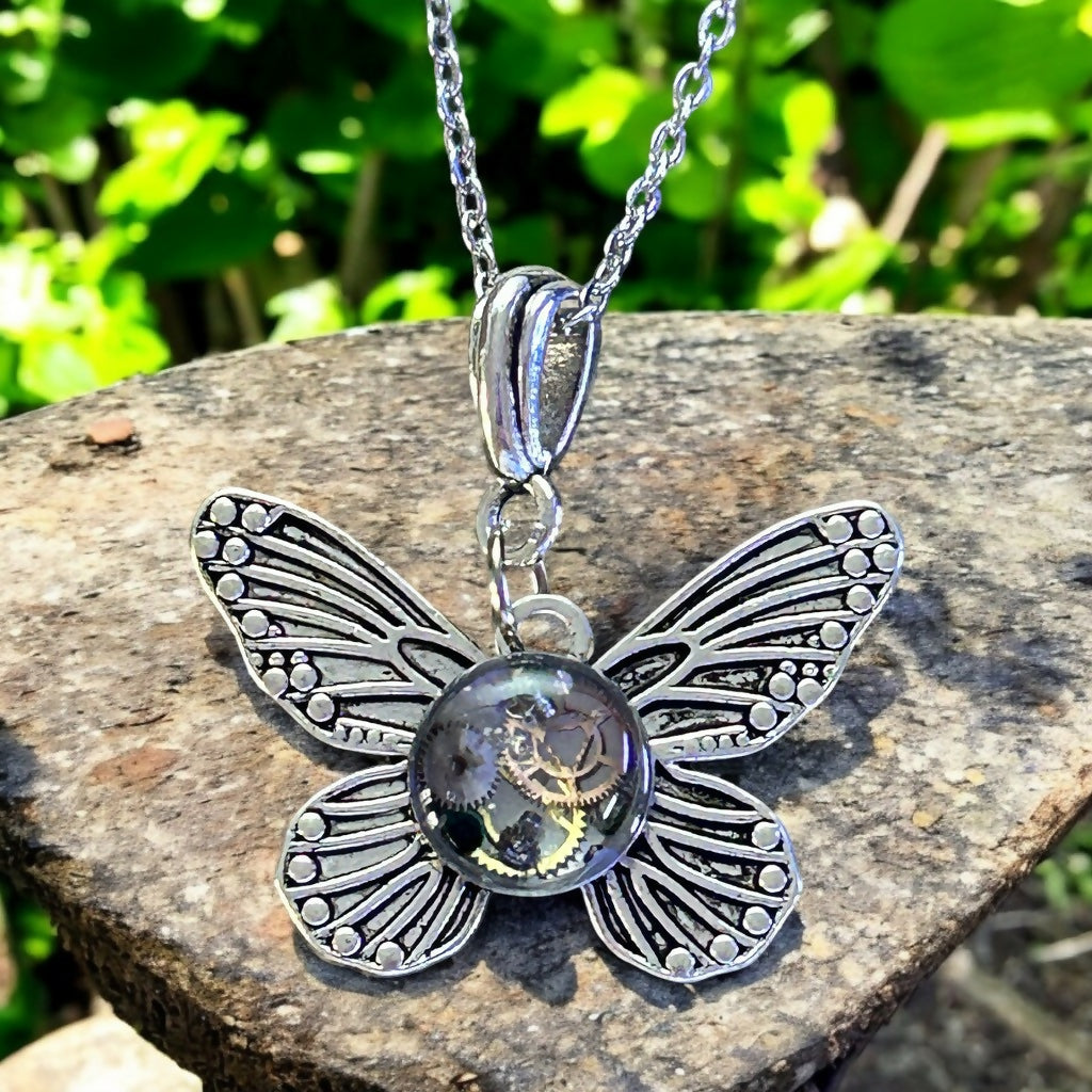 Steampunk butterfly vintage watch parts necklace