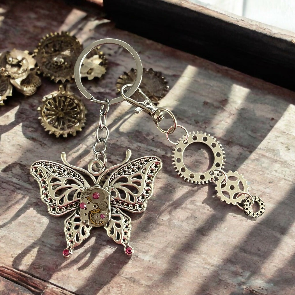 Steampunk butterfly watch movment keyring