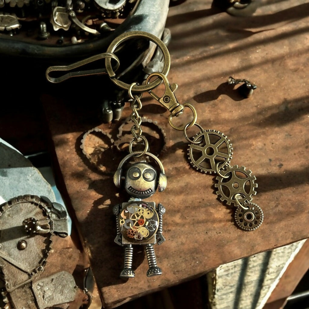 Steampunk funky robot watch pieces keyring