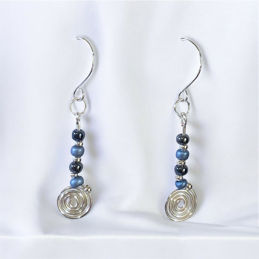 Silver Spiral and Blue Bead Dangle Earrings