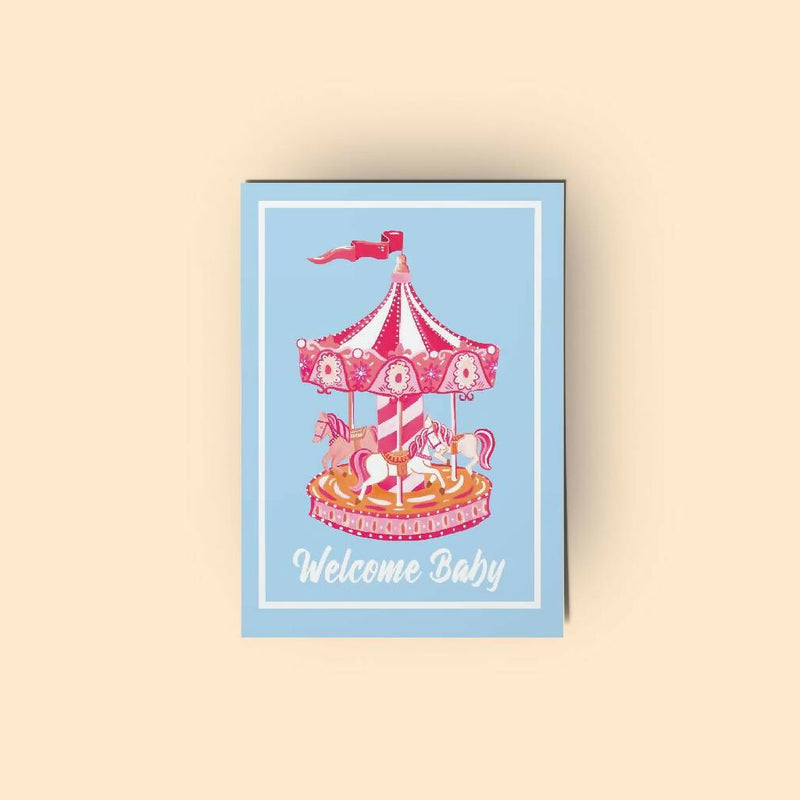 Welcome Baby Carousel Greeting Card Handmade by Rose Line