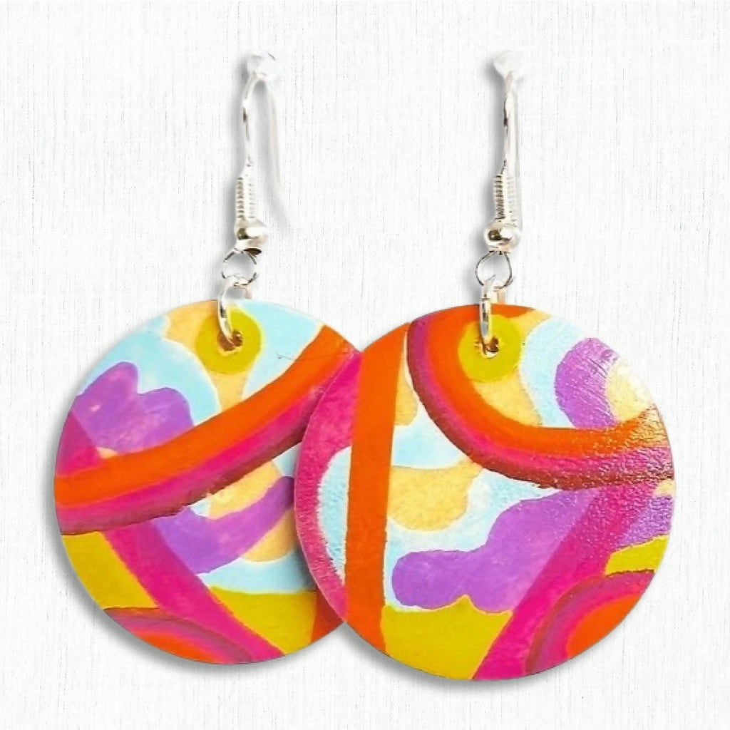 Hand-painted Rainbow wooden dangle earrings