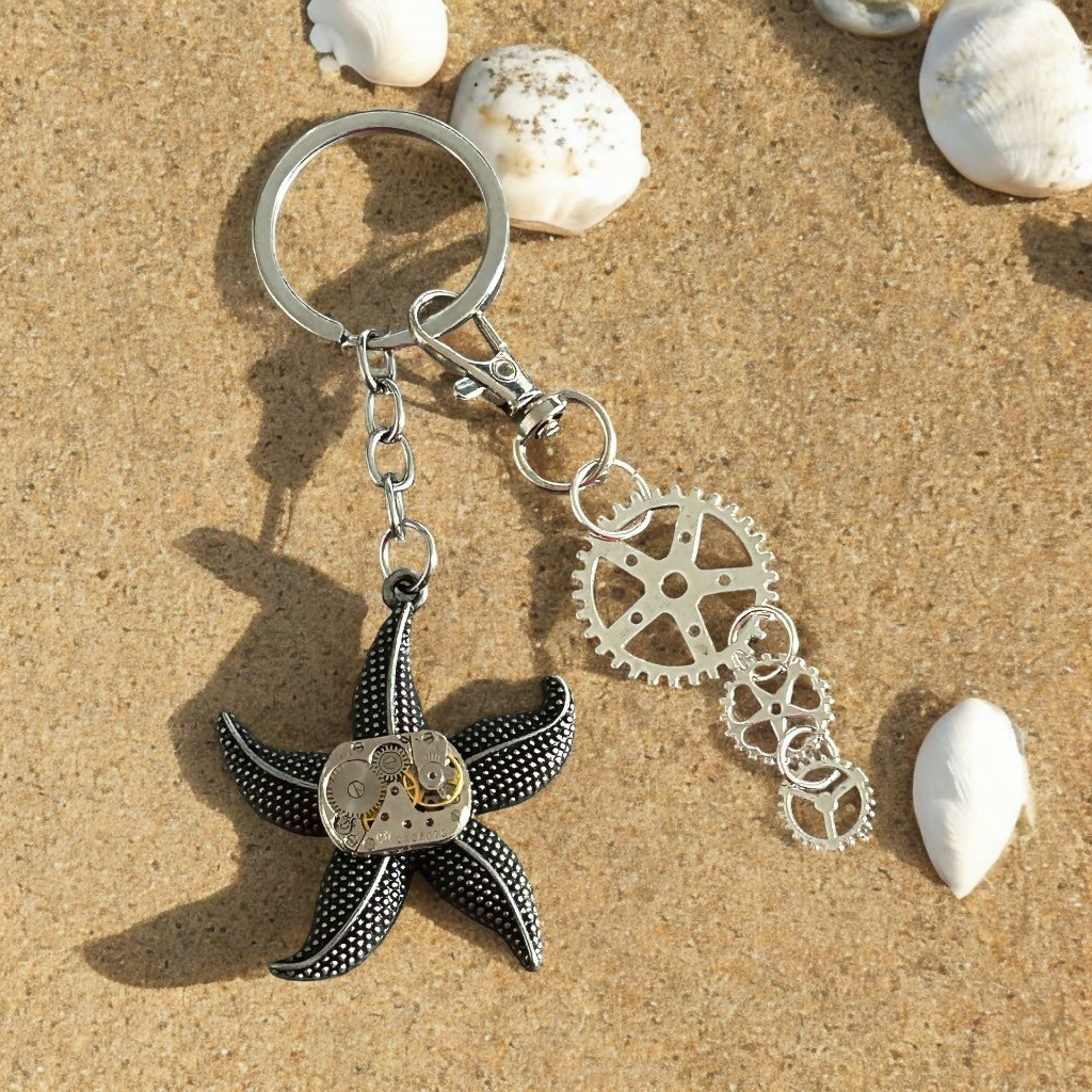 Steampunk starfish watch movment keyring