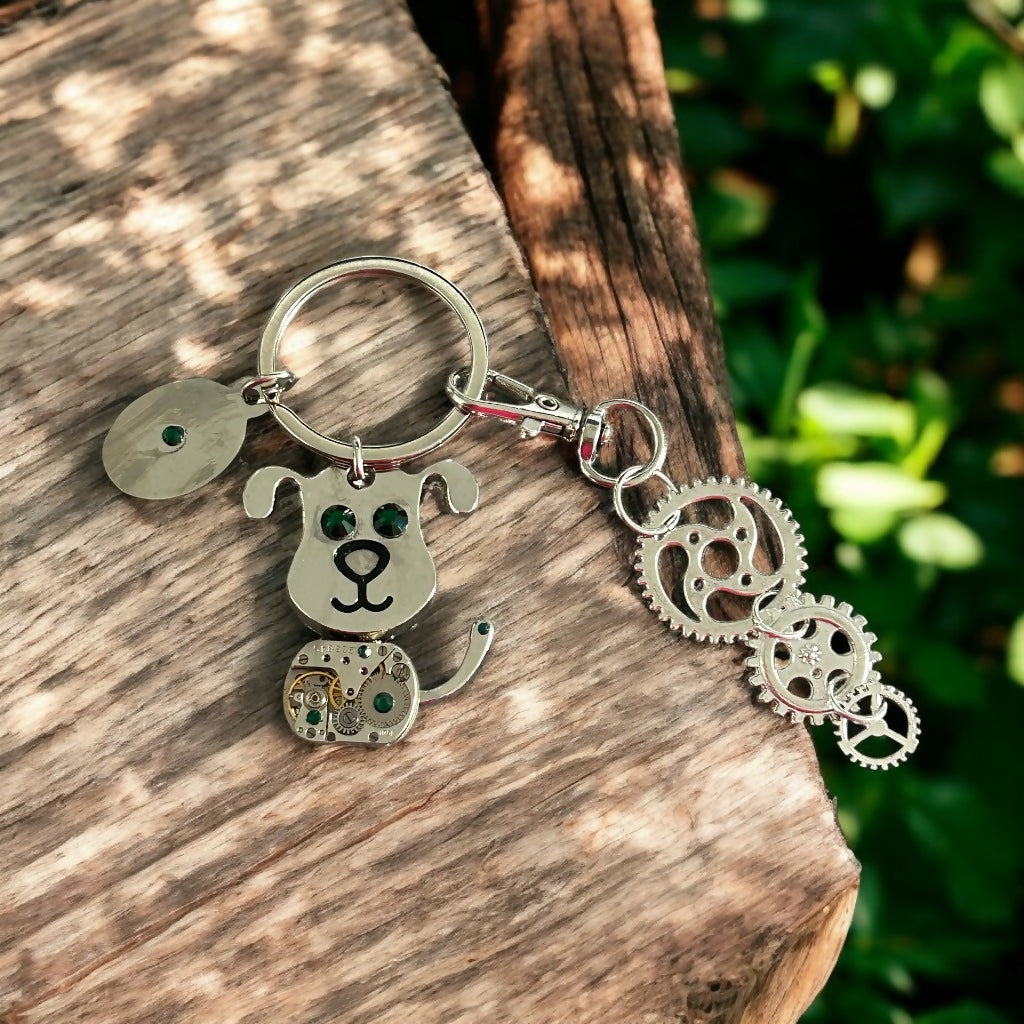 Steampunk dog watch movement keyring