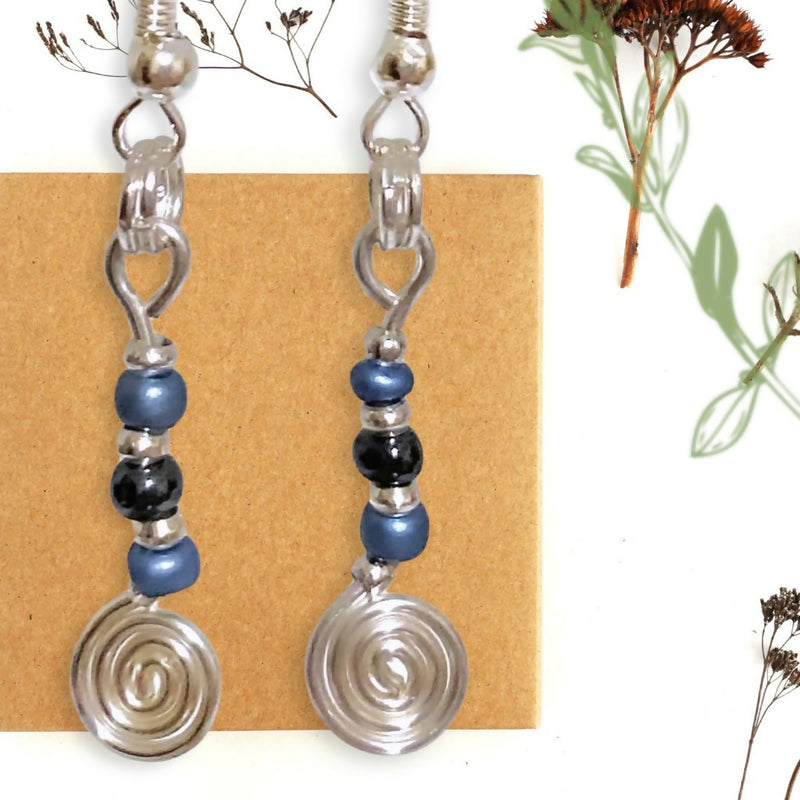 Silver Spiral and Blue Bead Dangle Earrings