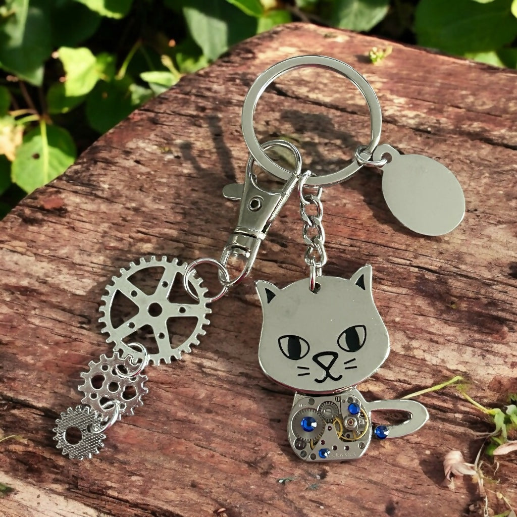 Steampunk cat watch movement keyring