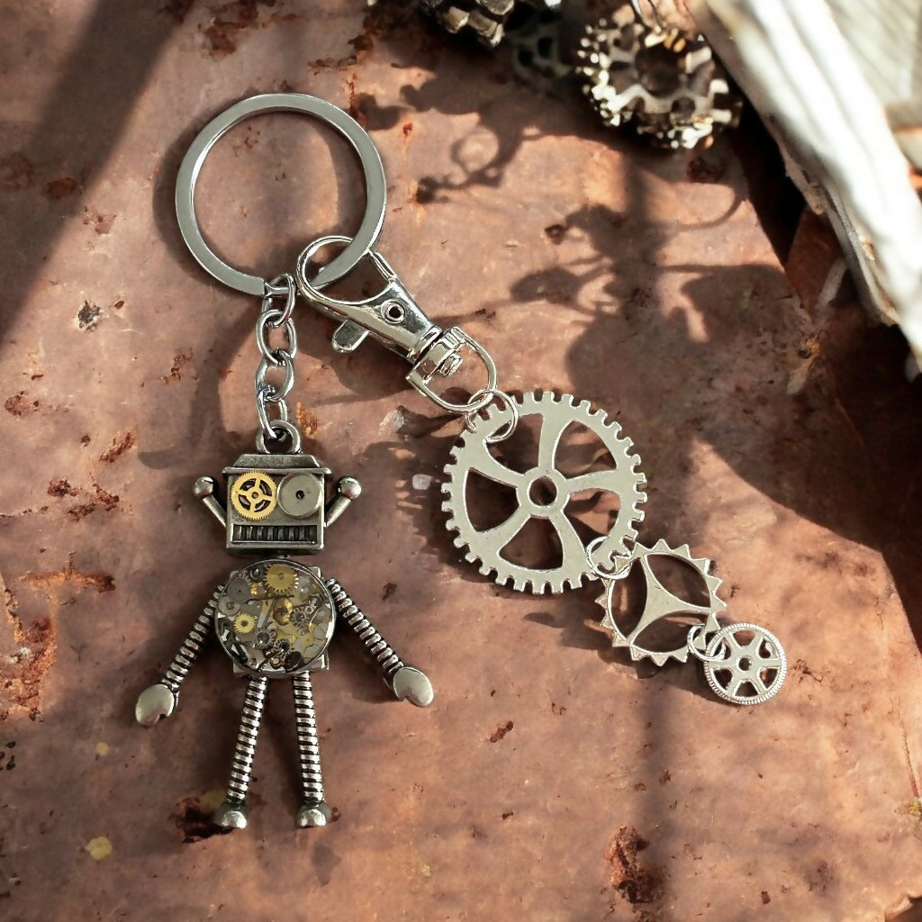 Steampunk robot grey watch pieces keyring