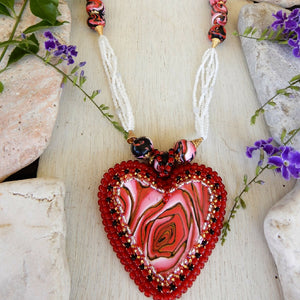 Hand Beaded Pendant Necklace "Roses Red with White"