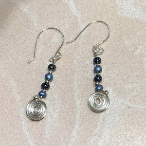 Silver Spiral and Blue Bead Dangle Earrings