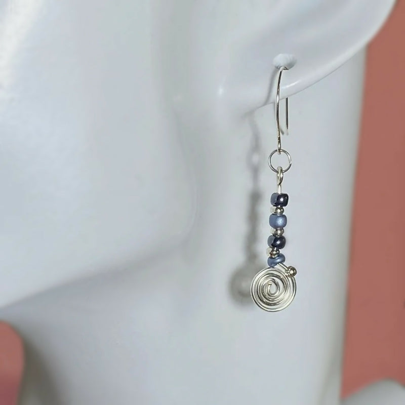 Silver Spiral and Blue Bead Dangle Earrings