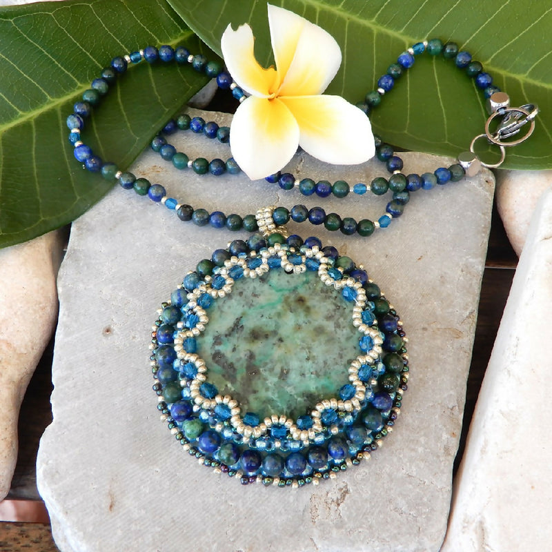 Hand Beaded Gemstone Pendant Necklace "Lesley"