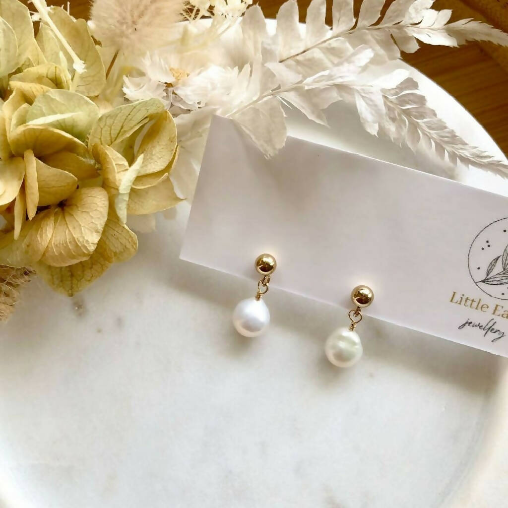 Jamie Stud Drop Earrings - Near-round Baroque Pearl Dangle Earrings