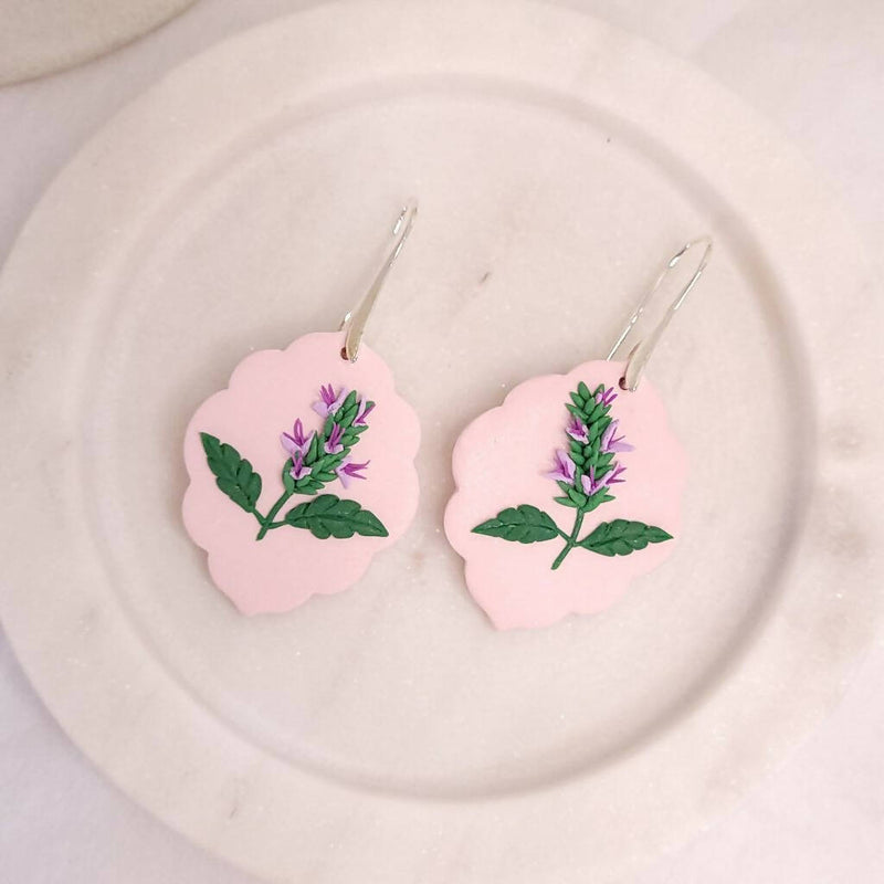 Scented patchouli scalloped earrings. Botanical jewellery. Handmade polymer clay floral pieces.