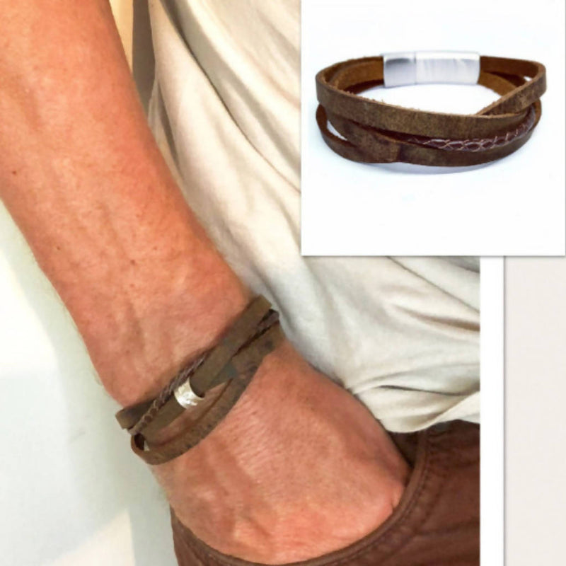 Personalised Flat & Braided Leather & Bead Bracelet
