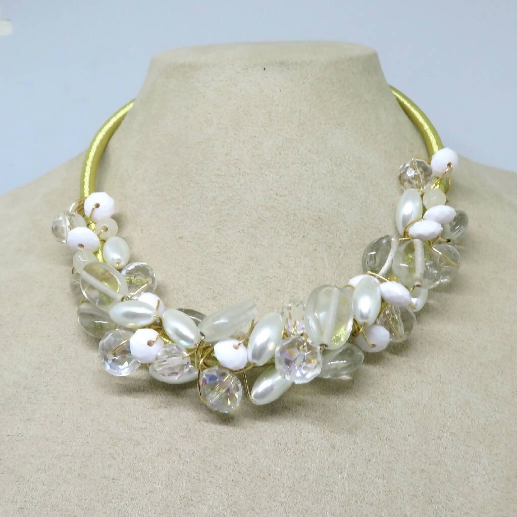 White Cream Crystal Wire Wrapped Beaded Necklace Earring Set Handmade in Sydney