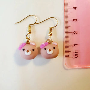 Cute Little Bear Drop Earrings - Handmade Pink 3D