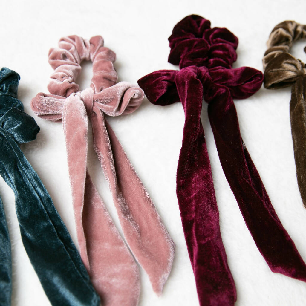 Velvet Bow Scrunchies scarf 4 colors, vintage style Scrunchie With Long Tails, elastic Hair ties, Hair accessories