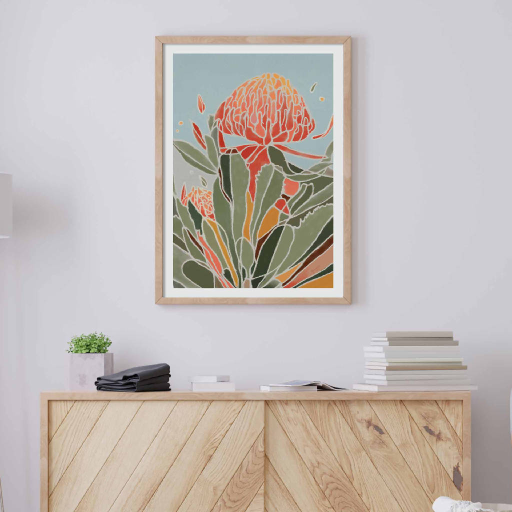 Waratah Flower, Australian Bush, Abstract Modern Prints Framed