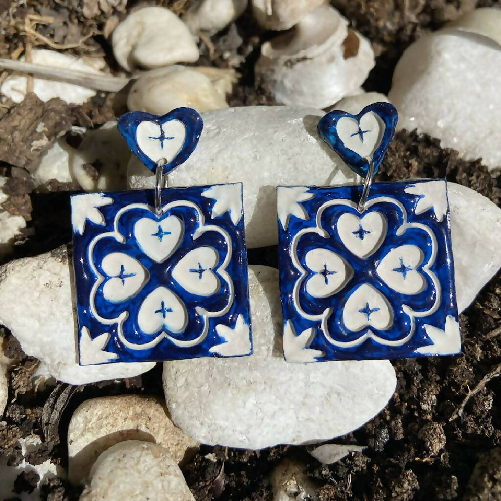 Blue & White Porcelain Faux Ceramic Square Polymer Clay Earrings (Oriental-Inspired)