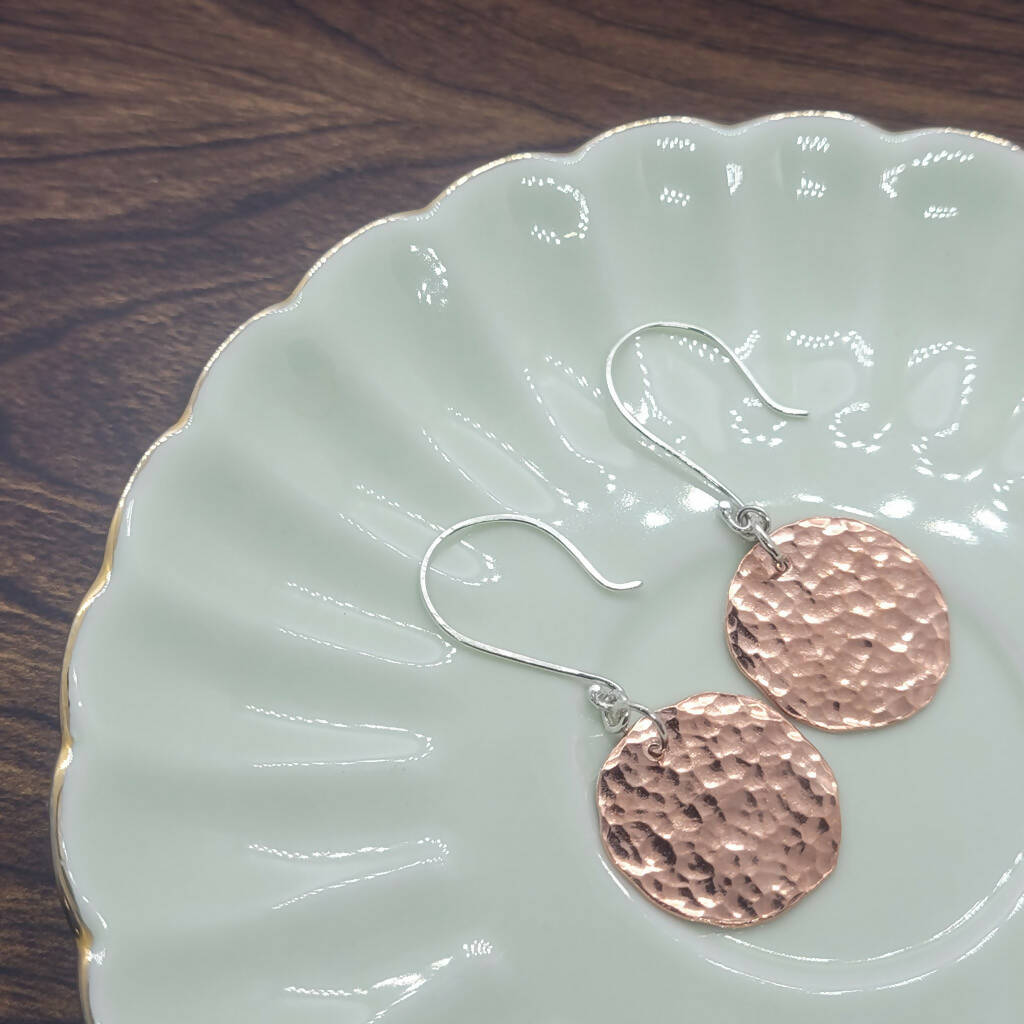 Raw Copper Hammered Disc Dangle Earrings