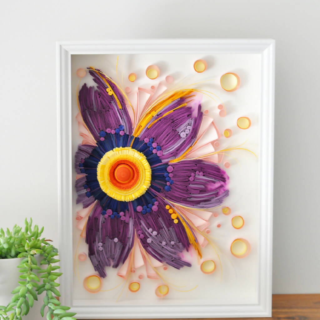 Floral Wallart | Paper Quilling Framed Flower Art | Purple Flower Room Décor