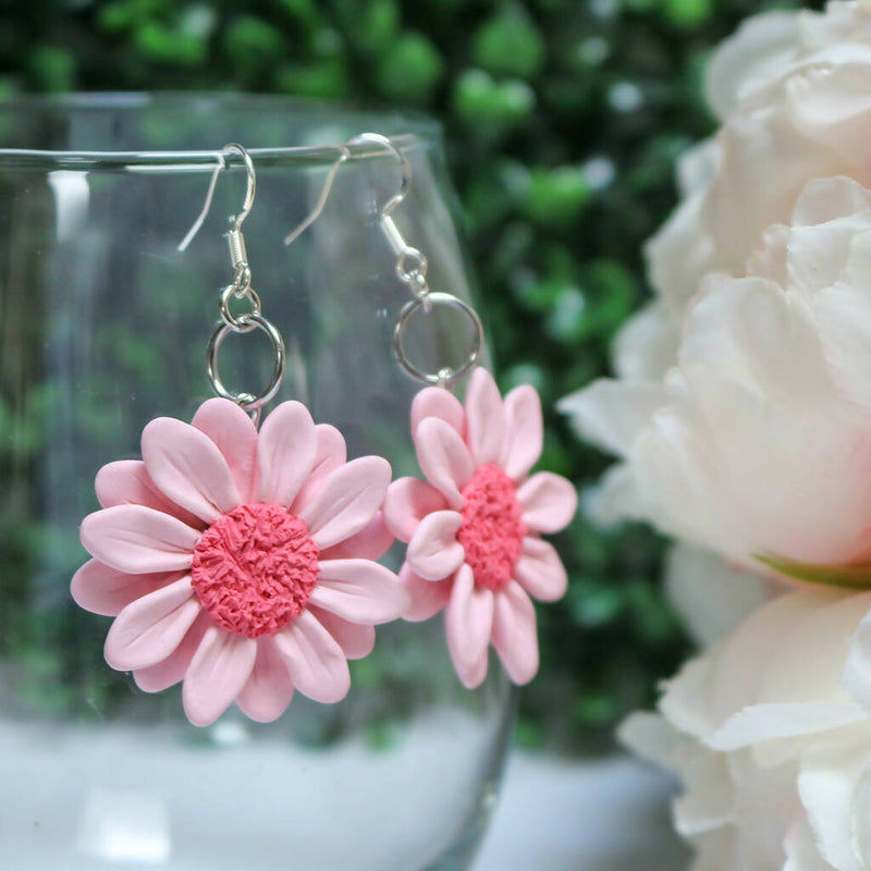 Handmade Pink Daisy Dangle Earrings, polymer clay