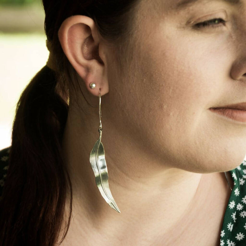 Sterling silver Eucalyptus Leaf drop earrings, Australian jewellery, unique handmade sustainable and ethical jewellery, perfect gift idea