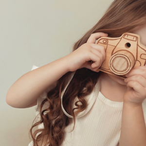 Wooden Kids Pretend Play Camera Toy, White Neck Strap, Handmade