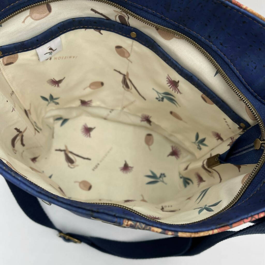 Eureka Bucket Bag - Handmade from Cork - Hibiscus Print with Navy Contrast