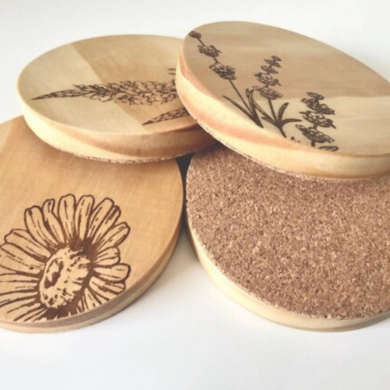 Wooden Laser Engraved Floral Coasters (4pk)