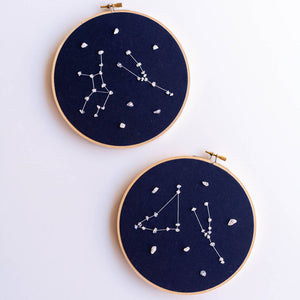 Double Zodiac Embroidered Artwork with Rainbow Moonstone Crystals
