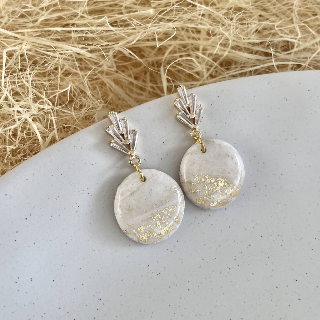 White Marble & Gold Fleck Circle Earrings