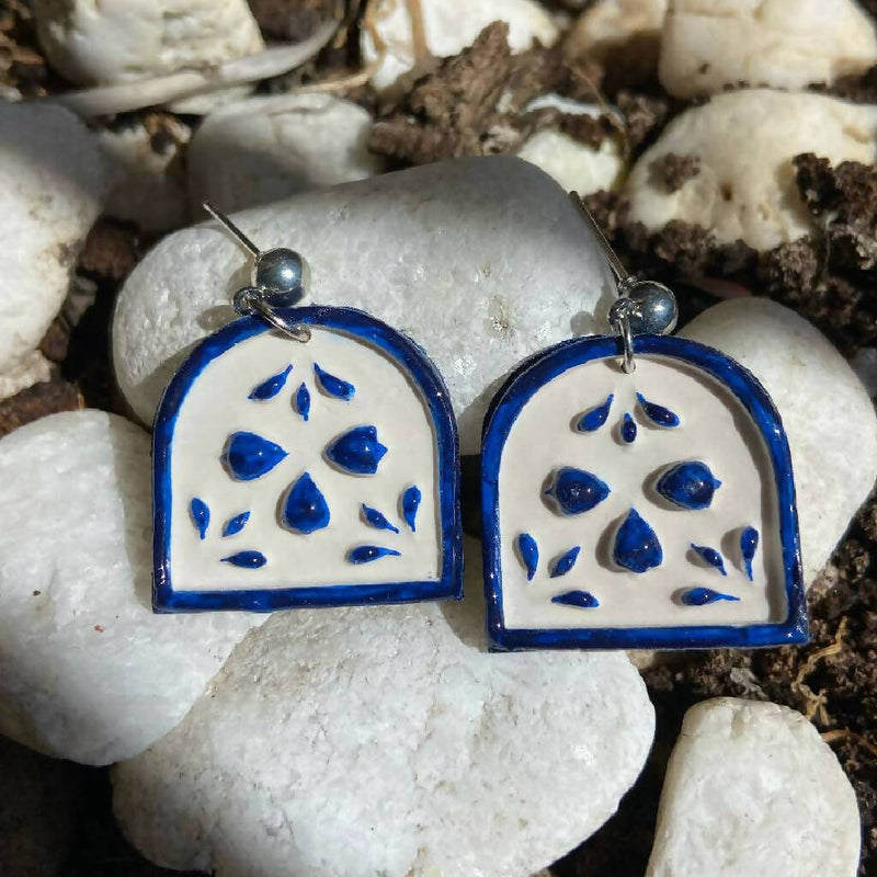 Blue & White Porcelain Faux Ceramic Arch Polymer Clay Earrings (Oriental-Inspired)