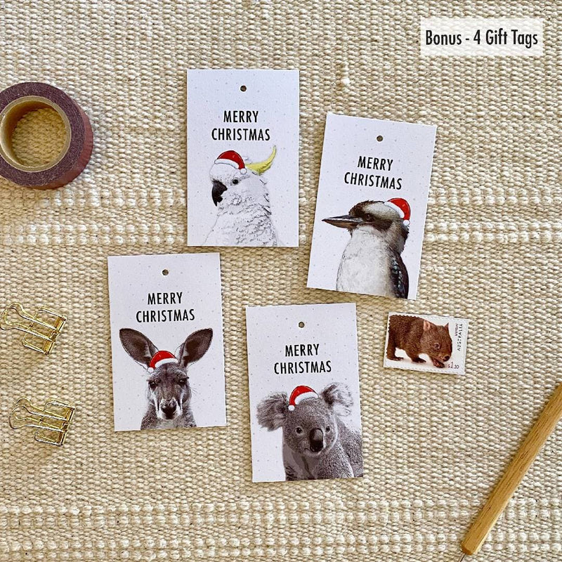 Pack of 12 Mixed Australian Wildlife Animal Christmas Cards Plus Bonus 4 Gift Tags
