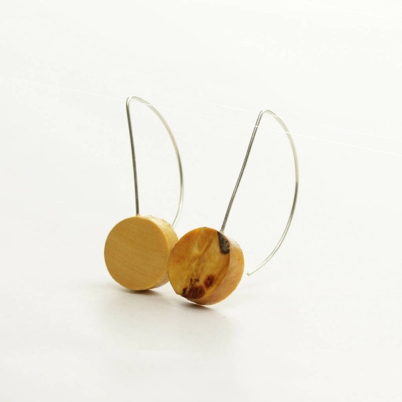 Handmade Huon Pine circle and silver dangle earrings- Tasmanian native wood drops with sterling ear hooks
