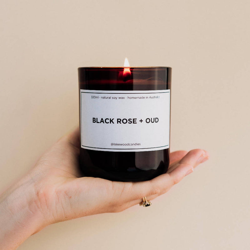 Black Rose + Oud | 300g Handmade Natural Soy Wax Candle | Reusable Amber Jar | Wooden Lid | Homemade in Australia