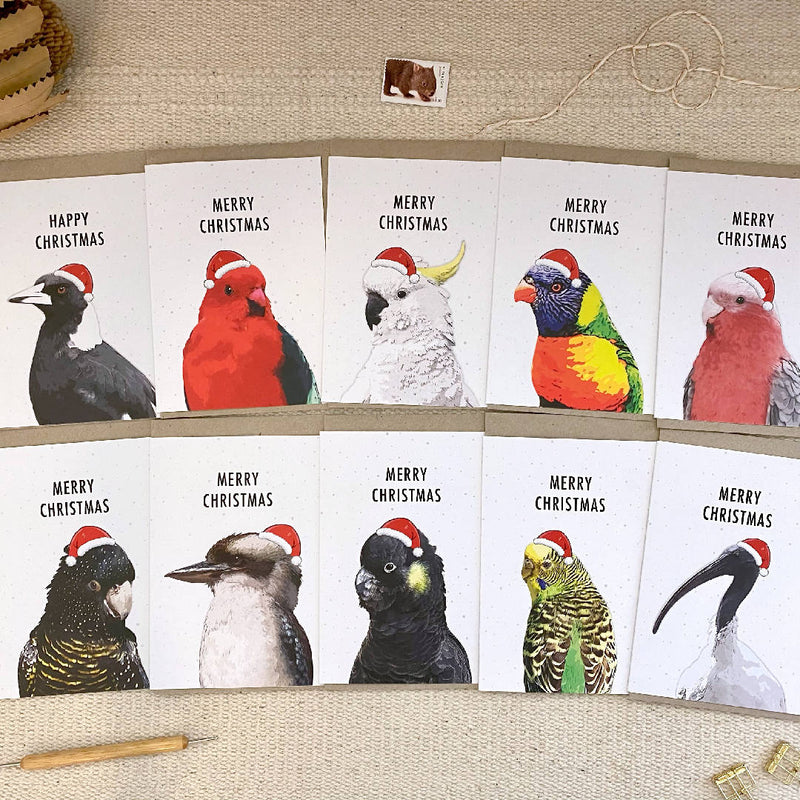 Australian Bird Pack of 10 Mixed Christmas Cards Plus Bonus 6 Christmas Gift Tags, Eco Friendly Recycled Paper Christmas Cards