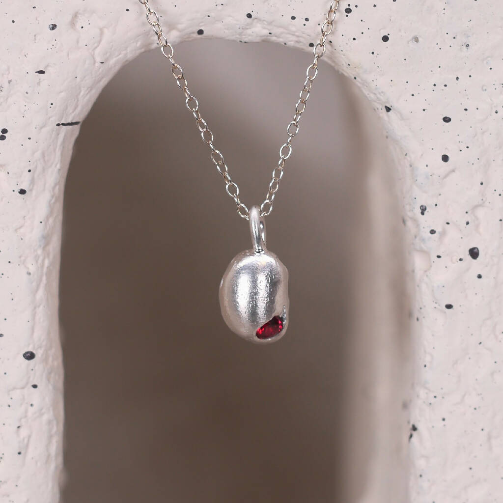 RED BEAN Pendant Necklace - Silver & Ruby - OOAK One of a Kind - Handmade