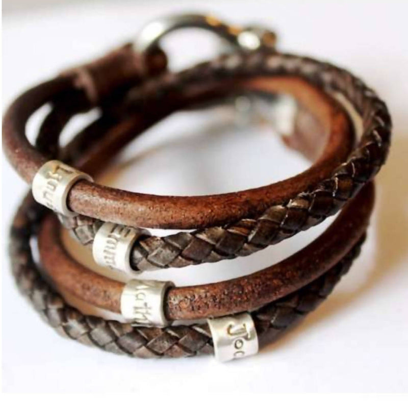 Men's Personalised Wrap Leather & Silver Bead Bracelet - Shackle Clasp