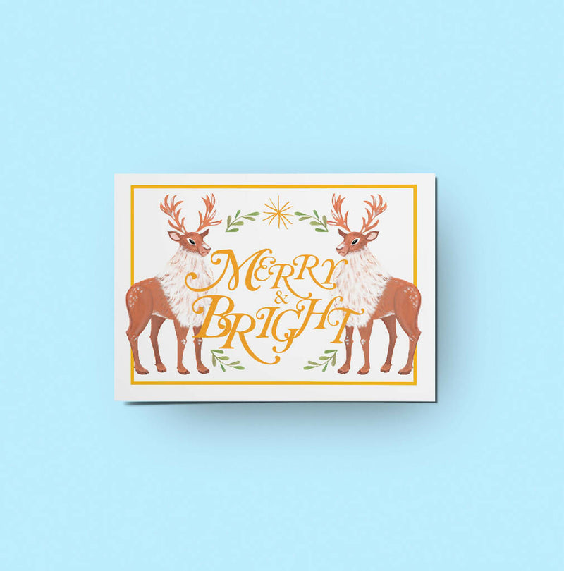 Robin & Reindeer Traditional Christmas Card Pack of 12 Handmade by Rose Line