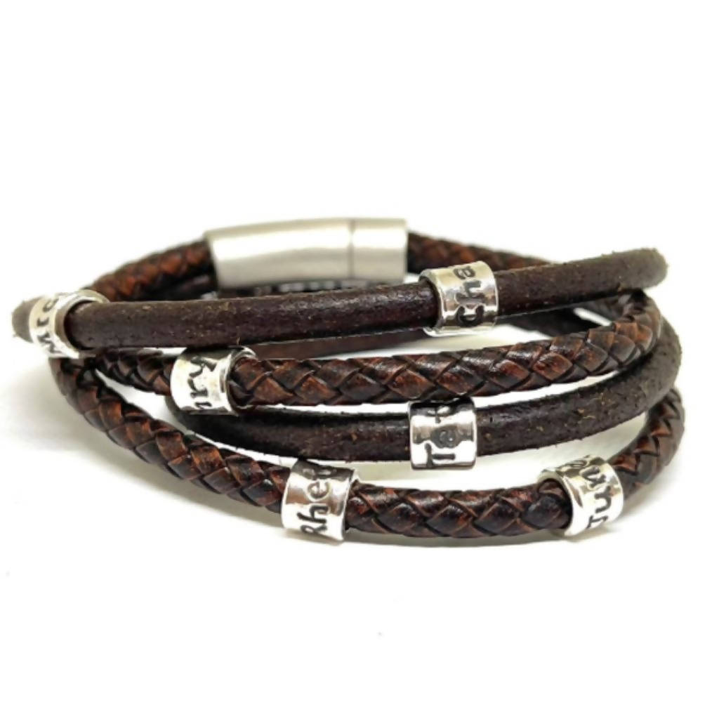 Men's Personalised Wrap Leather & Pure Silver Bead Bracelet